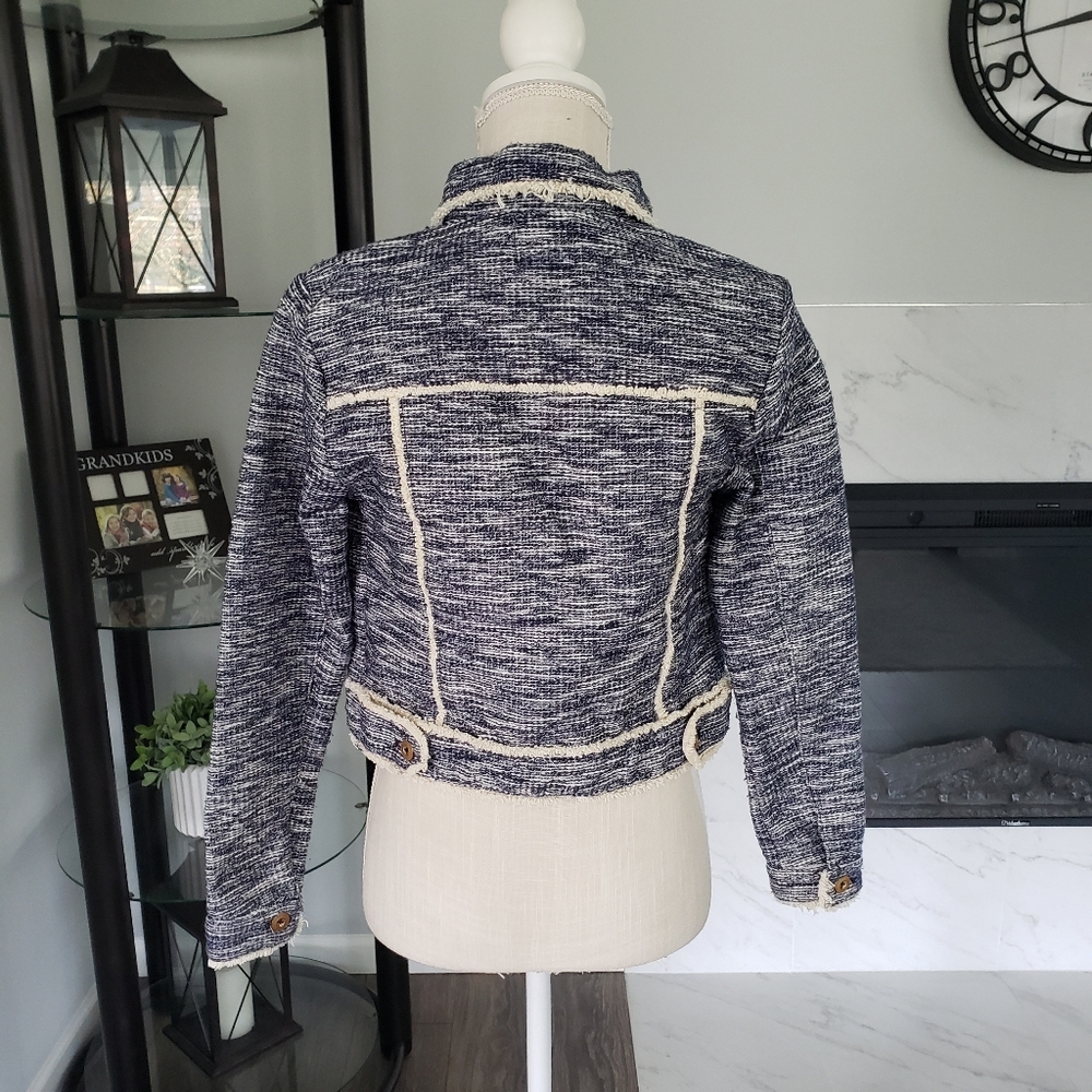 Anthropologie Ett Twa Tweed Jacket Womens Size Xs Blue Cream - Picture 2 of 12